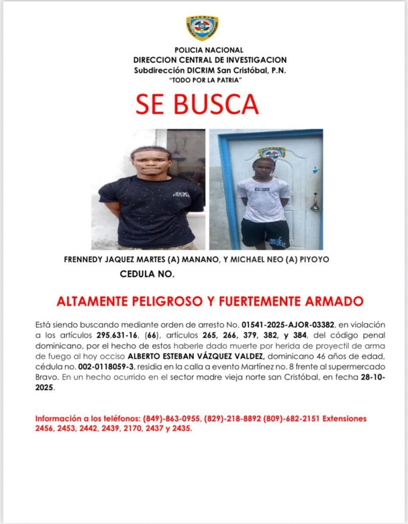 Policía Nacional activa búsqueda de ”Manano” y “Piyoyo” implicados en homicidio por arma de fuego en San Cristóbal