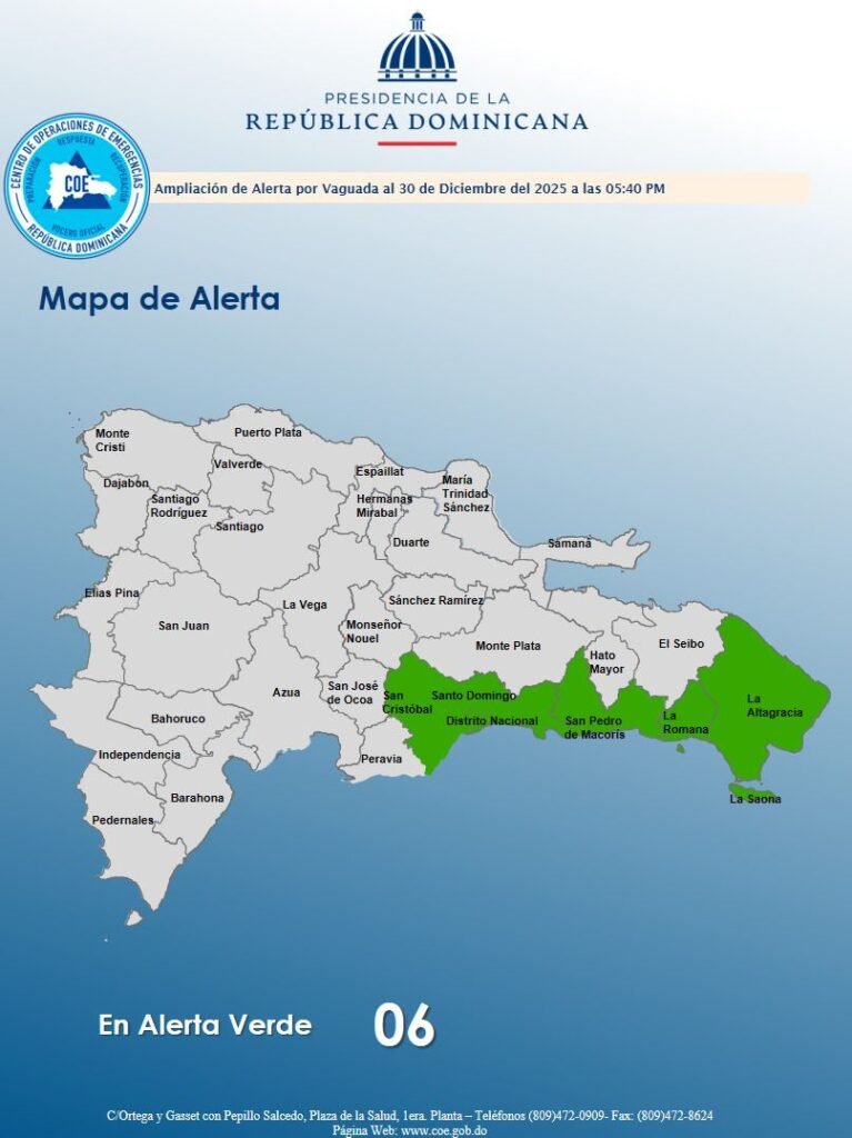 El COE aumenta 05 provincias y el Distrito Nacional en alerta verde